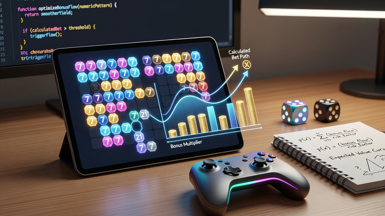 Close-up view of a tablet displaying synchronized bonus meters linking numeric patterns to strategic card bets