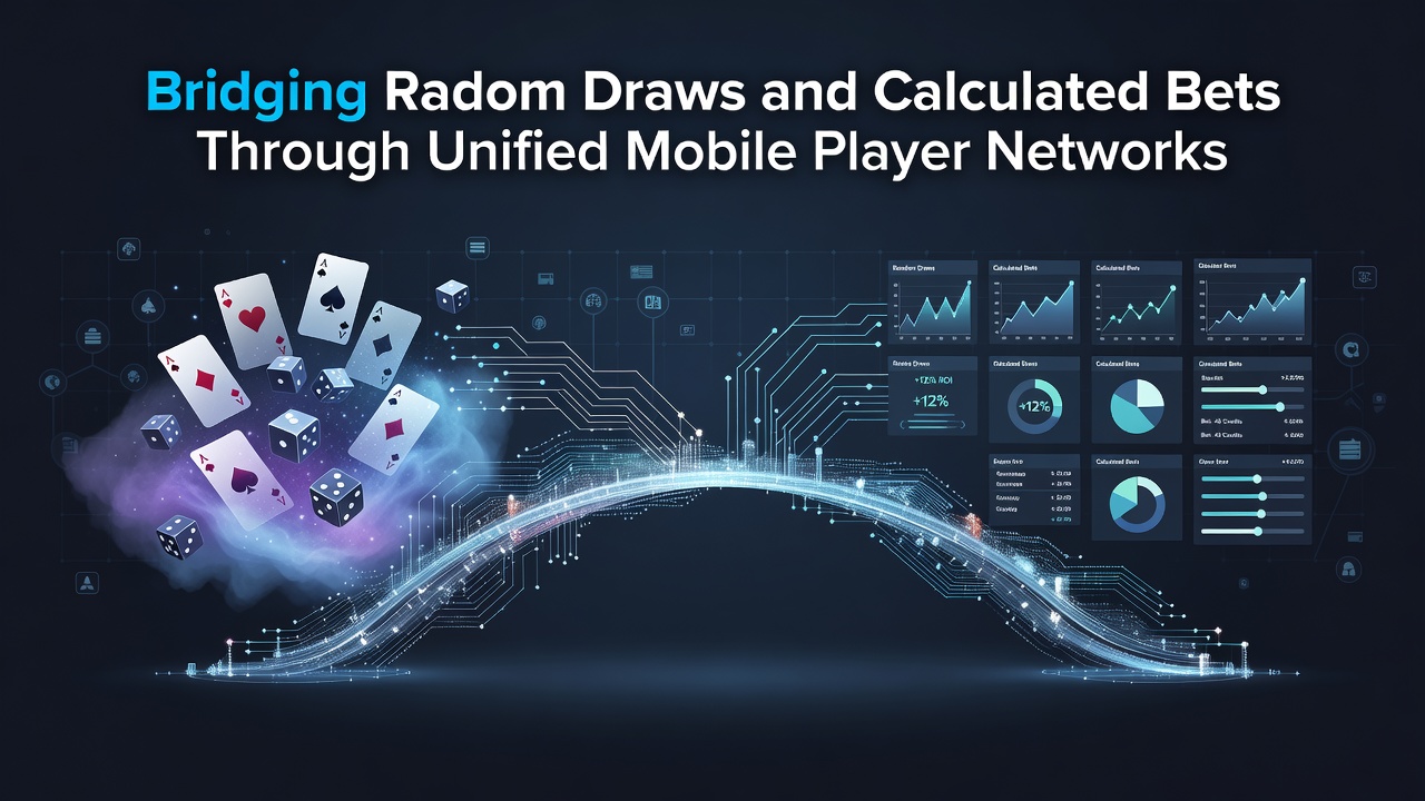 Mobile users participating in synchronized gaming sessions that blend random draws with calculated bets