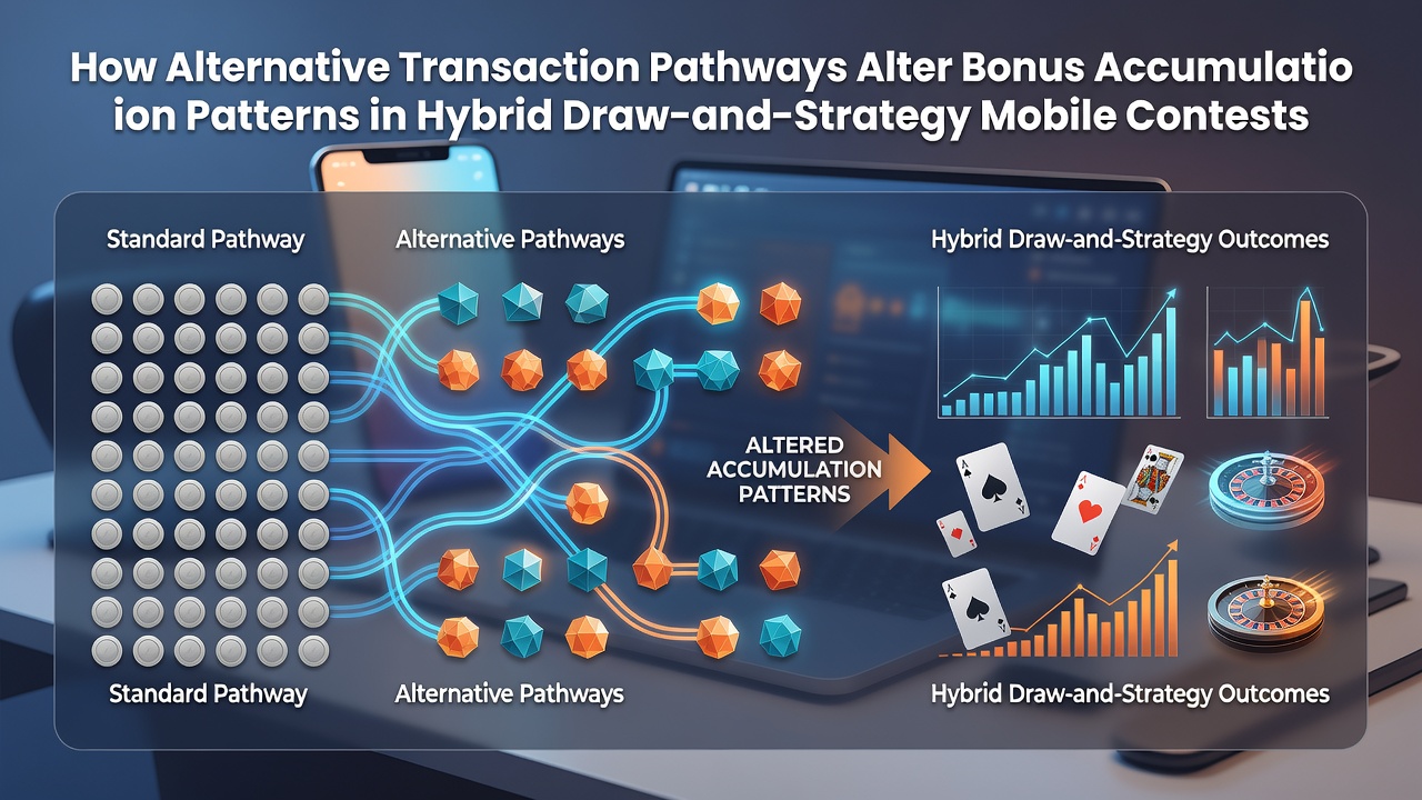 Illustration of mobile gaming interfaces showing draw mechanics and strategy card elements connected through various payment pathways