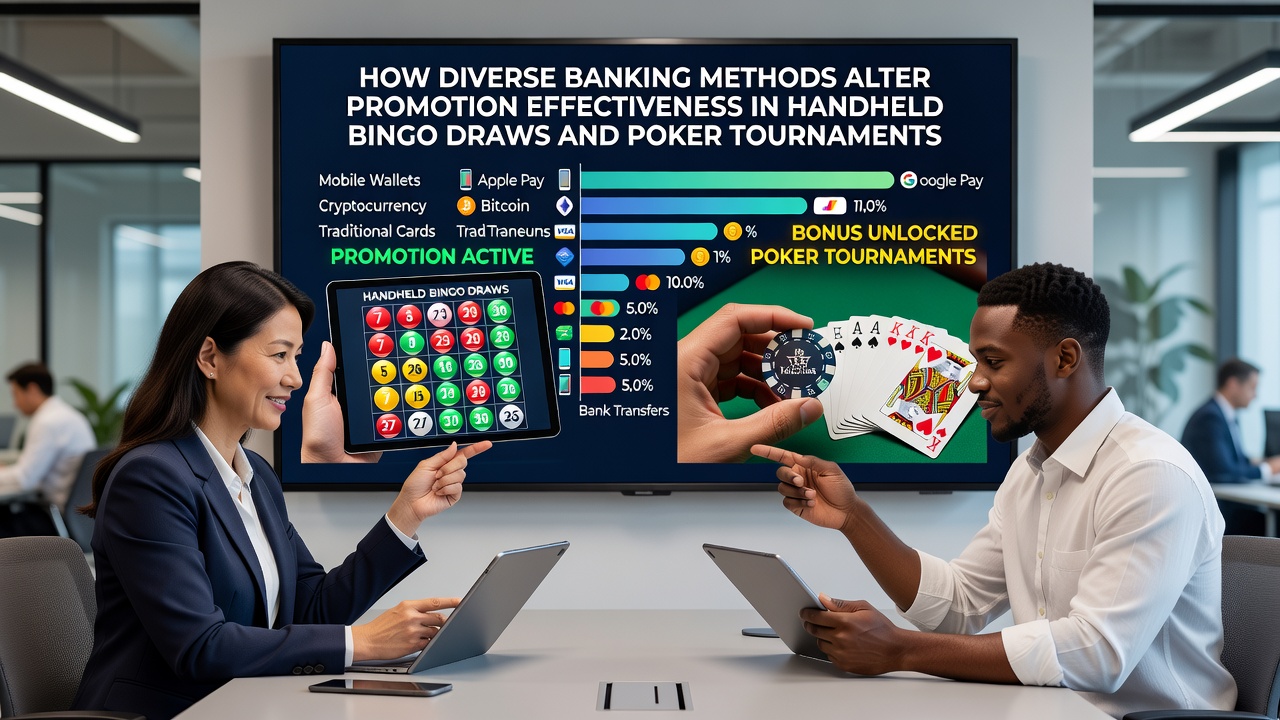 Mobile poker tournament interface alongside bingo draw screen with various payment method icons and active bonus indicators