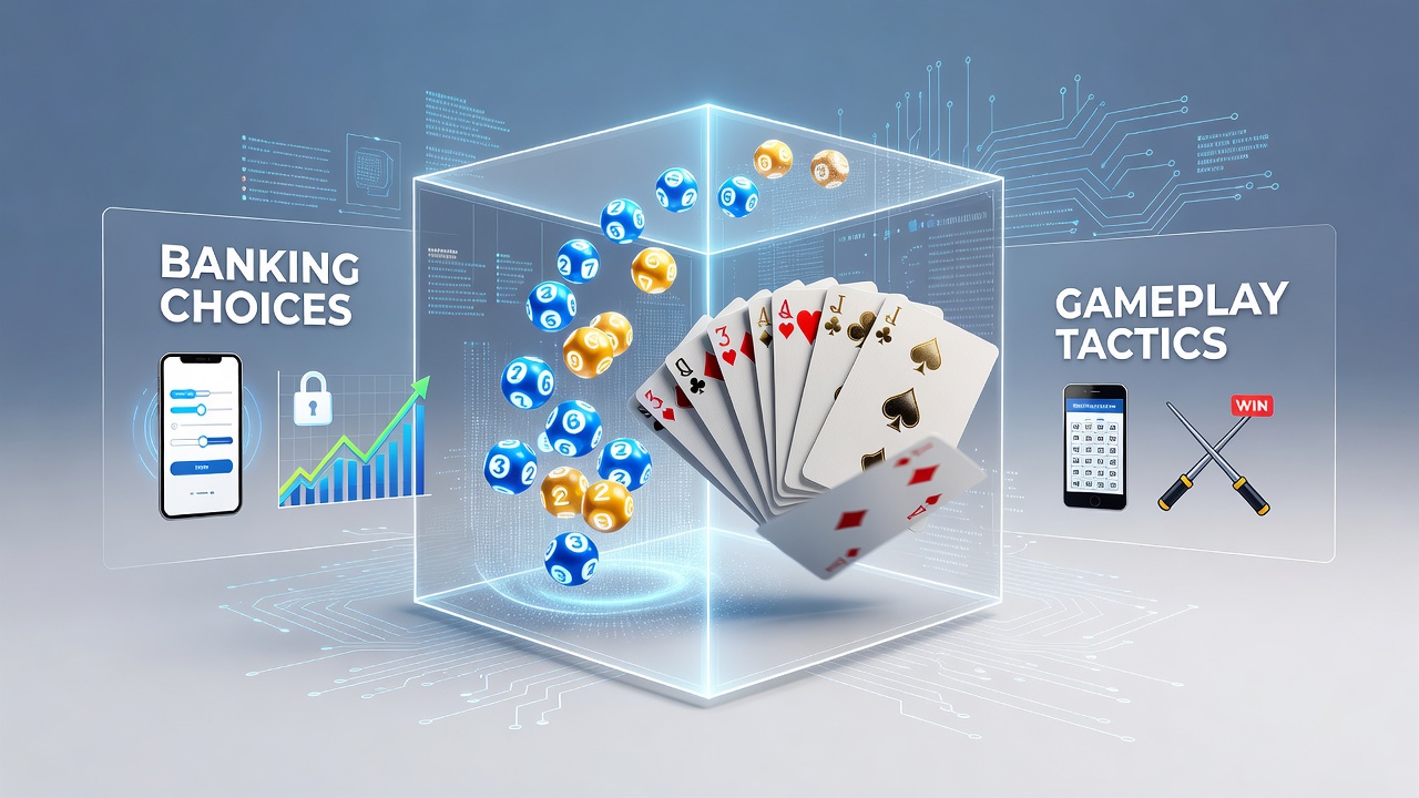 Mobile device displaying numeric lottery app interface alongside poker tournament dashboard with banking options highlighted