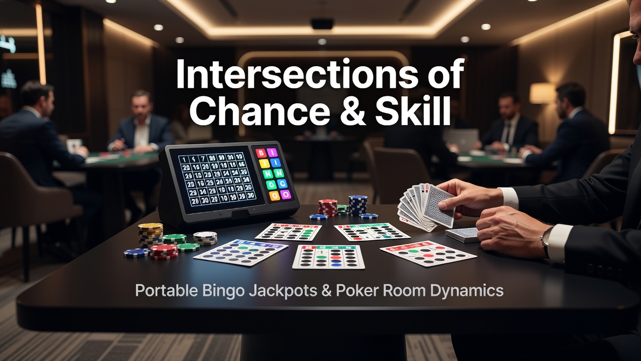 Mobile bingo jackpot interface showing number draws alongside poker table setup on portable devices