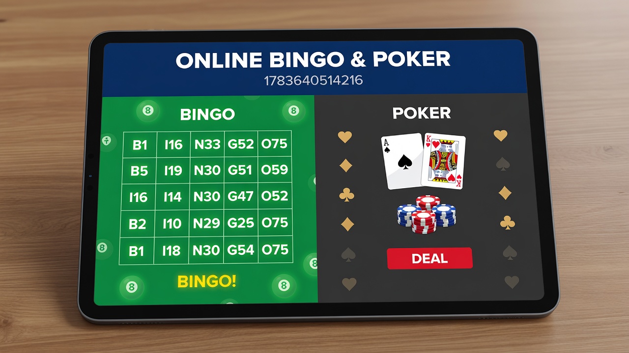 Close-up of mobile screen displaying integrated bingo and poker game modes with statistics and chat features active