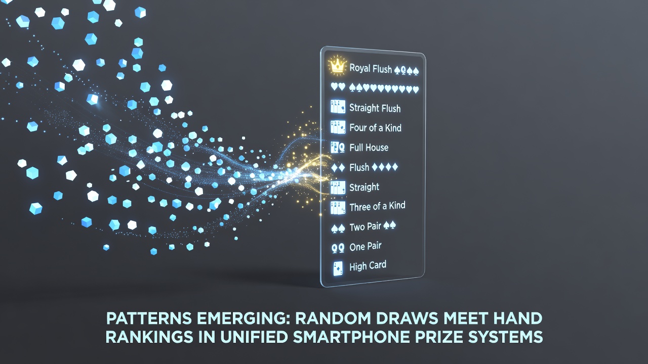 Mobile device displaying combined bingo draw results and poker hand rankings on a unified prize system interface