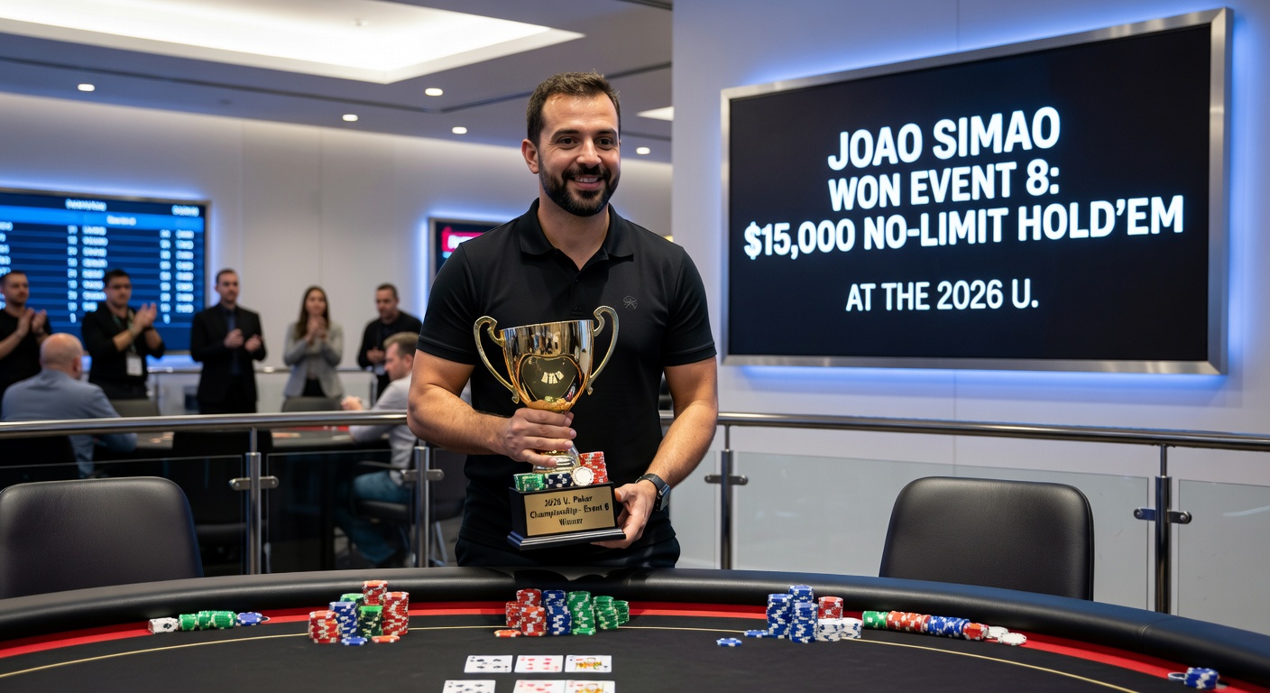 Action at the final table of Event #8, with players like Joao Simao, Zach Bruch, and Aram Zobian locked in battle amid the bright lights of ARIA Resort & Casino