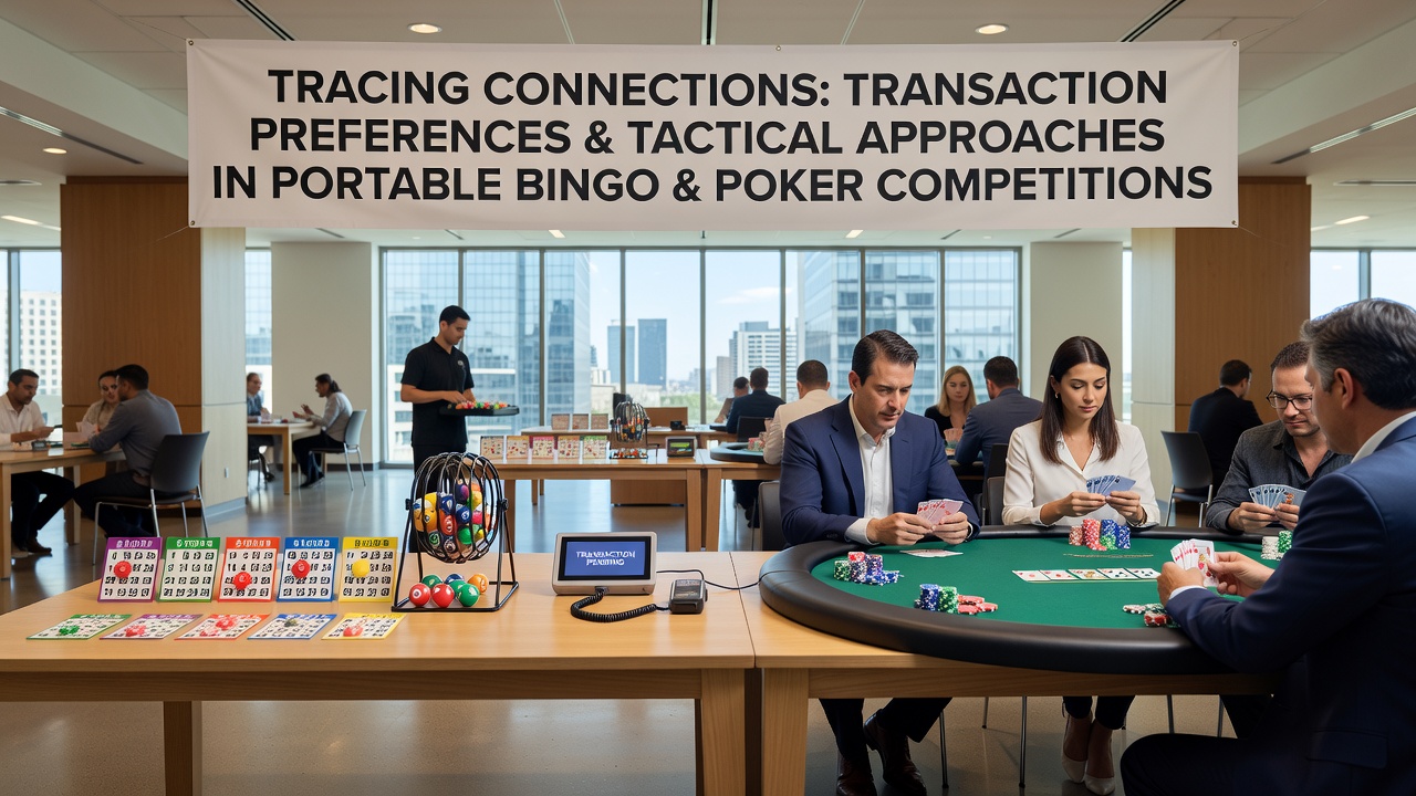 Mobile devices displaying bingo and poker interfaces with transaction icons overlaid